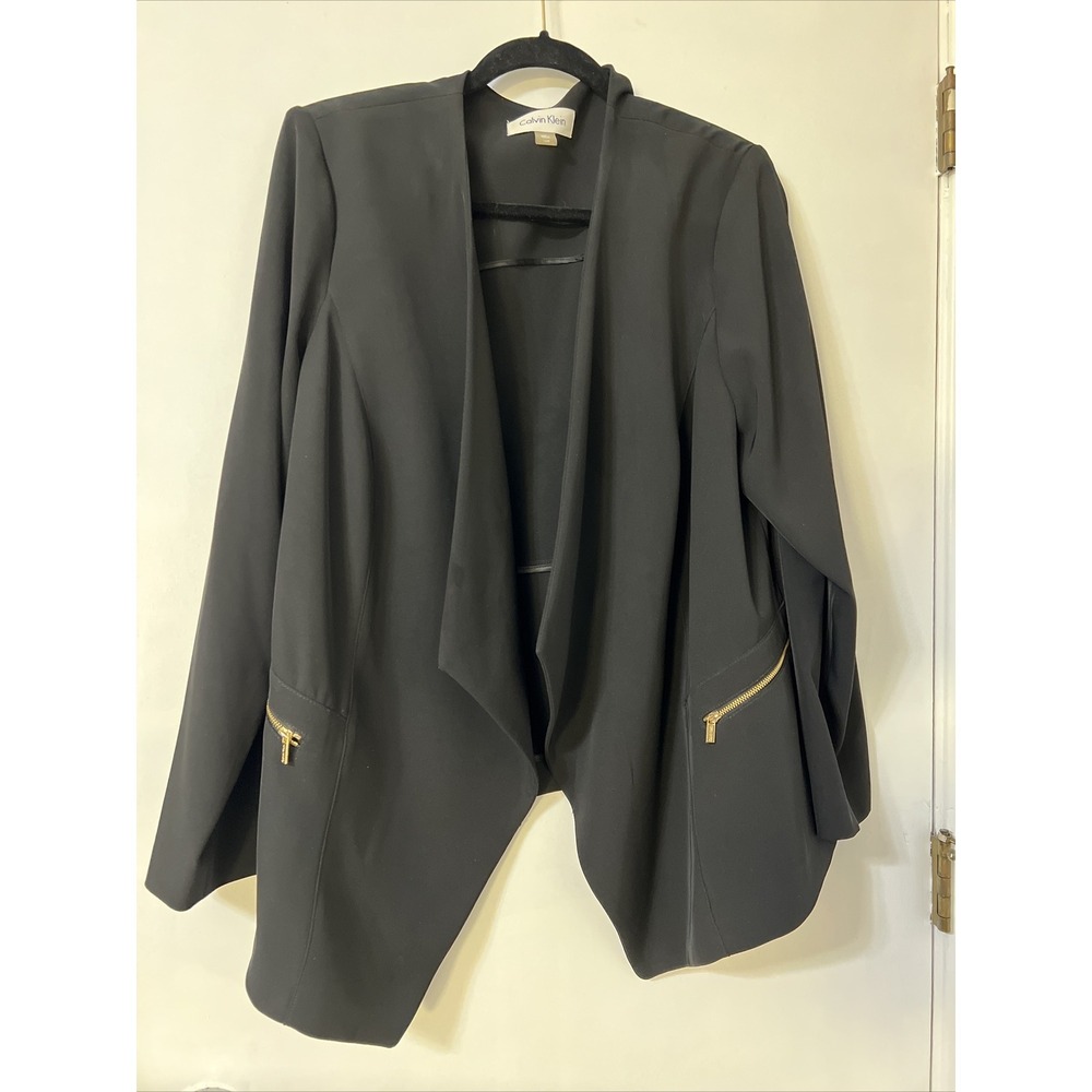 Calvin Klein Women 16W Black Blazer  Cardigan Asymmetrical‎ Gold Hardware